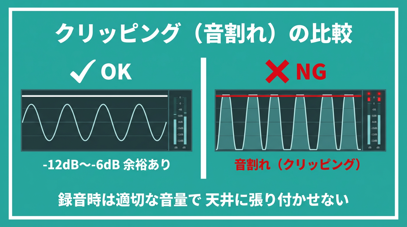 クリッピング（音割れ）の比較：OK（適切な音量）とNG（天井張り付き）